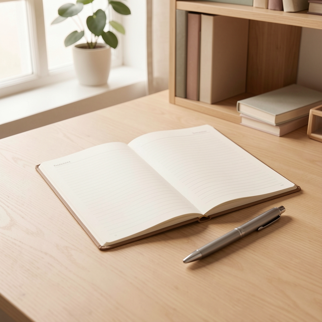 Open desk planner with a pen resting beside it, soft natural light