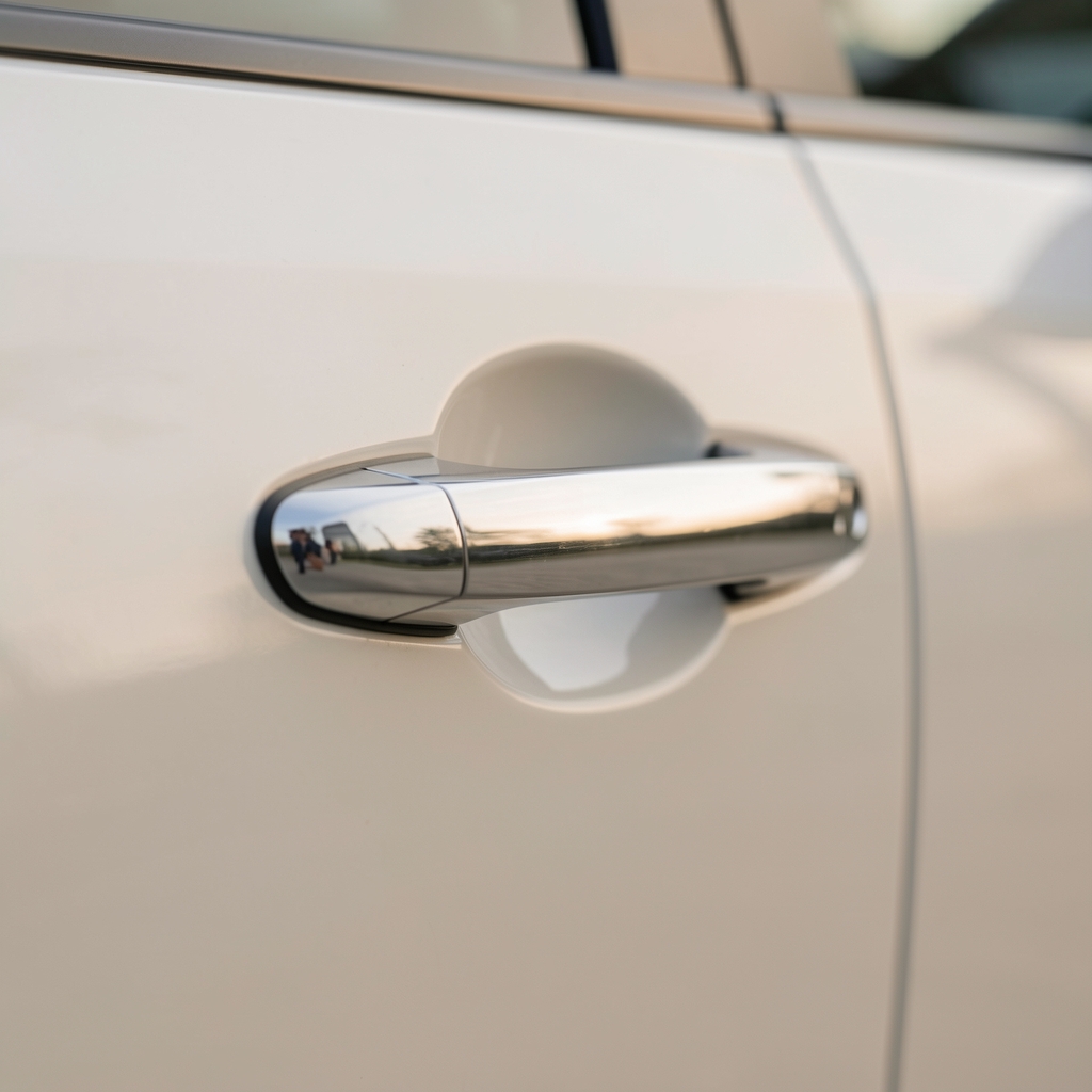 Close-up of a modern car door handle and body panel, shallow depth of field, soft natural light