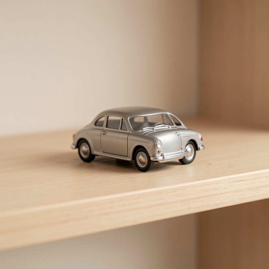 A small die-cast car model on a wooden shelf, soft side lighting, forward-looking and calm