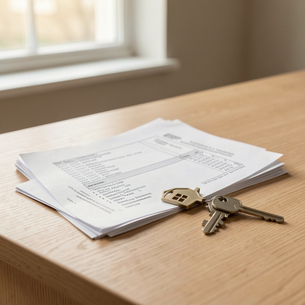 A house key resting beside mortgage paperwork on a clean wooden desk