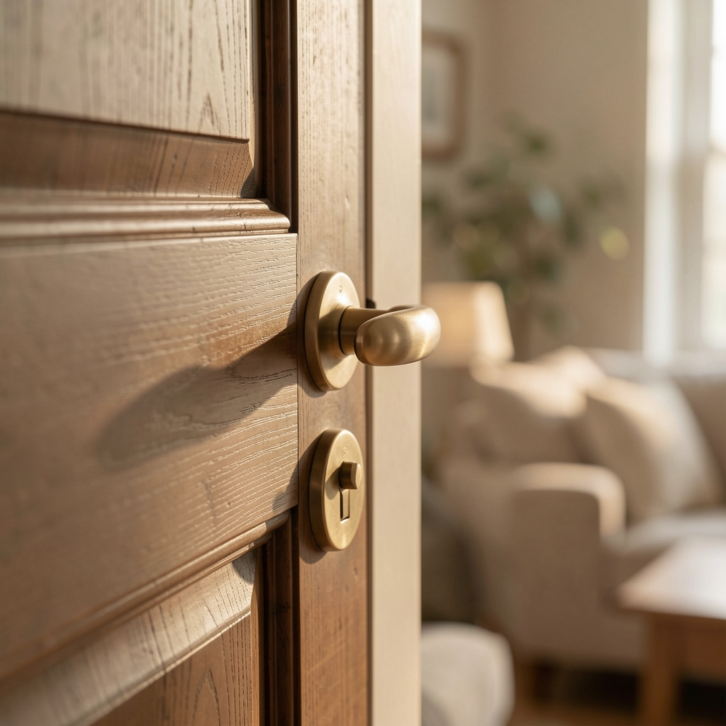 A close-up of a front door handle and lock in warm afternoon light