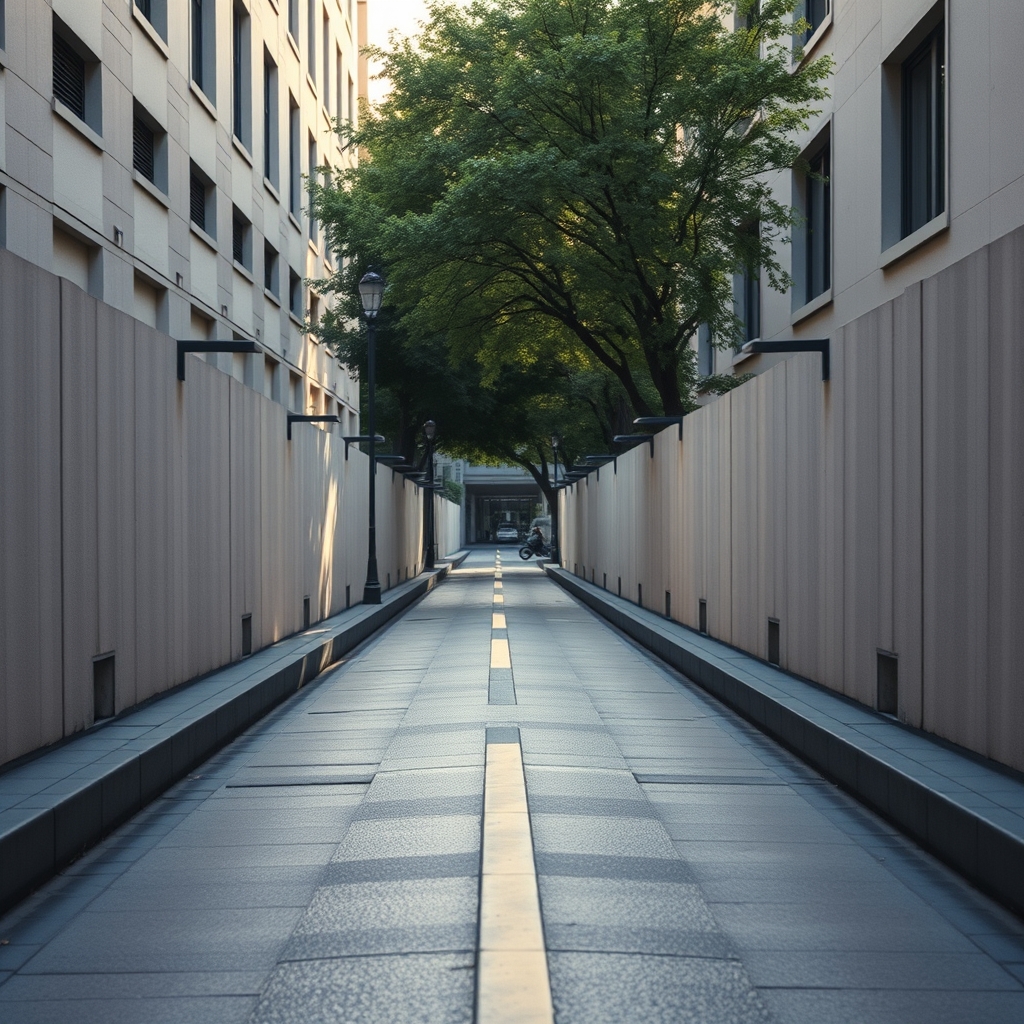 Two paths diverging in a calm urban environment, representing two different routes