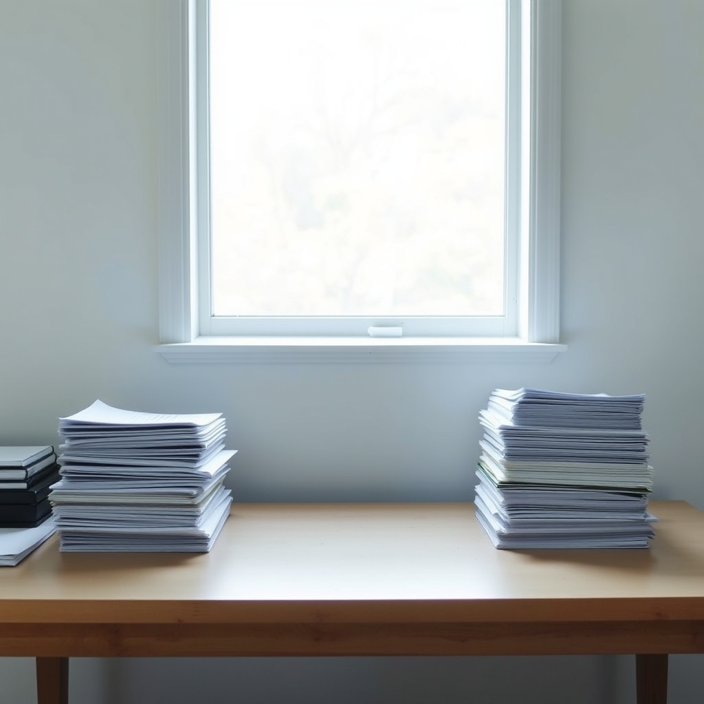 Two organized stacks of documents on a clean desk, representing different filing paths