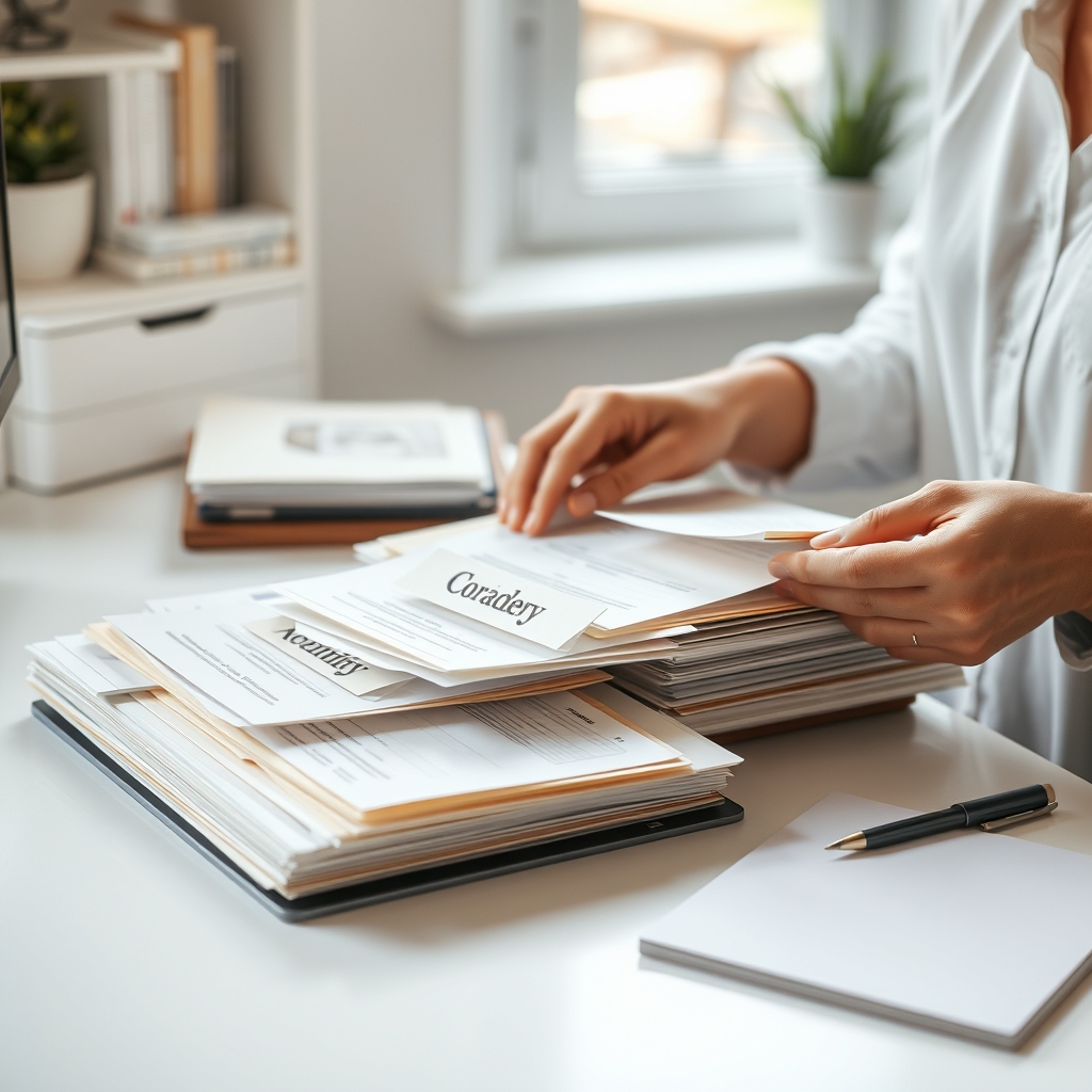 A person organizing paperwork into labeled folders on a desk