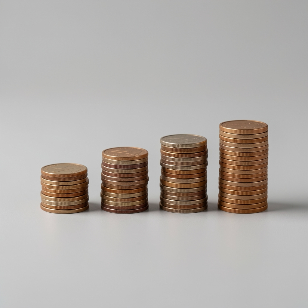 Four small stacks of coins arranged in ascending height on a pale gray surface, representing credit rebuilding over time