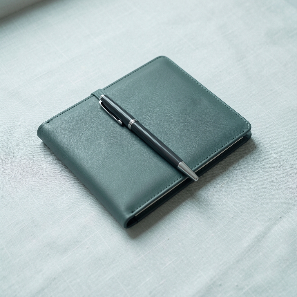 A slim leather portfolio and pen on a pale linen surface, suggesting a professional consultation setting