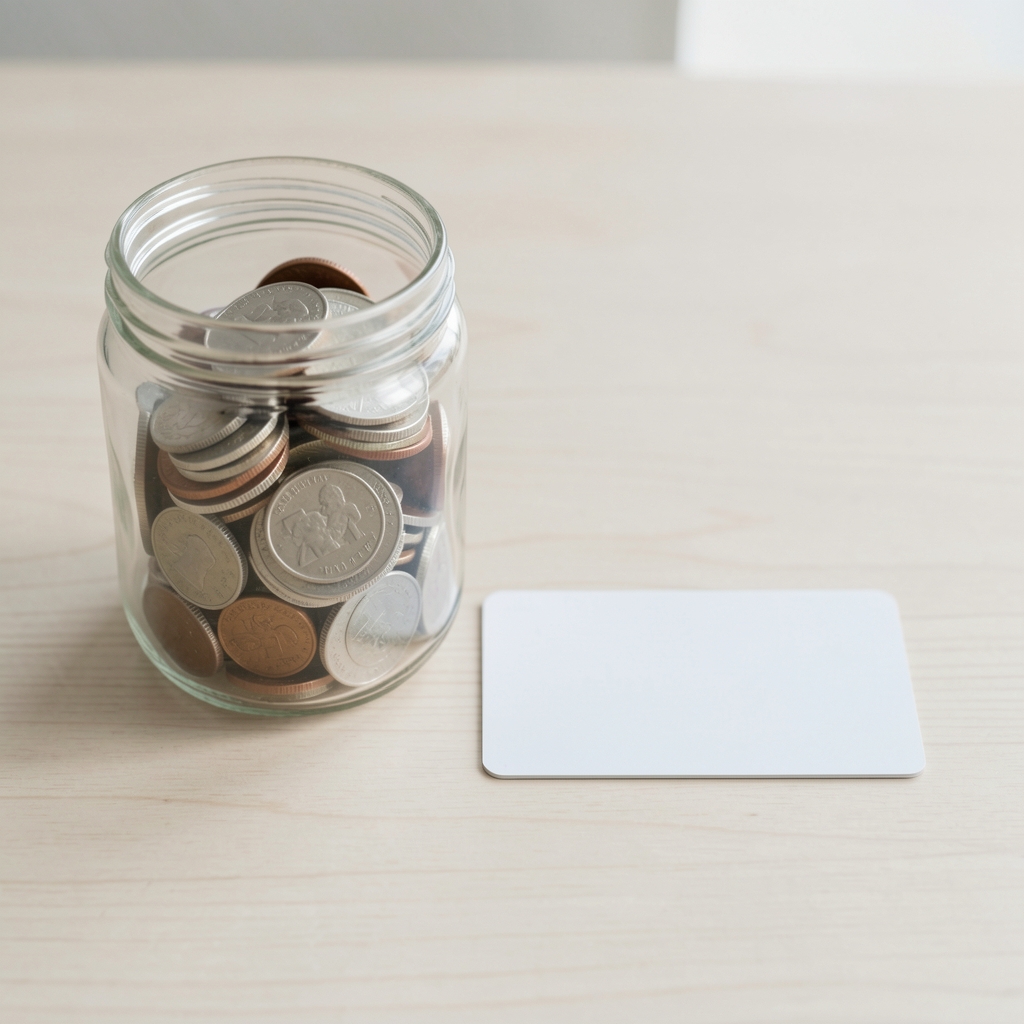 A small glass jar of coins beside a plain credit card on a clean wooden surface, soft diffused light