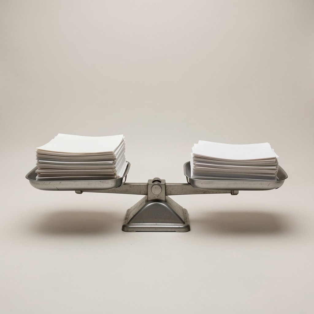 A balance scale with two small stacks of documents on each side against a neutral background