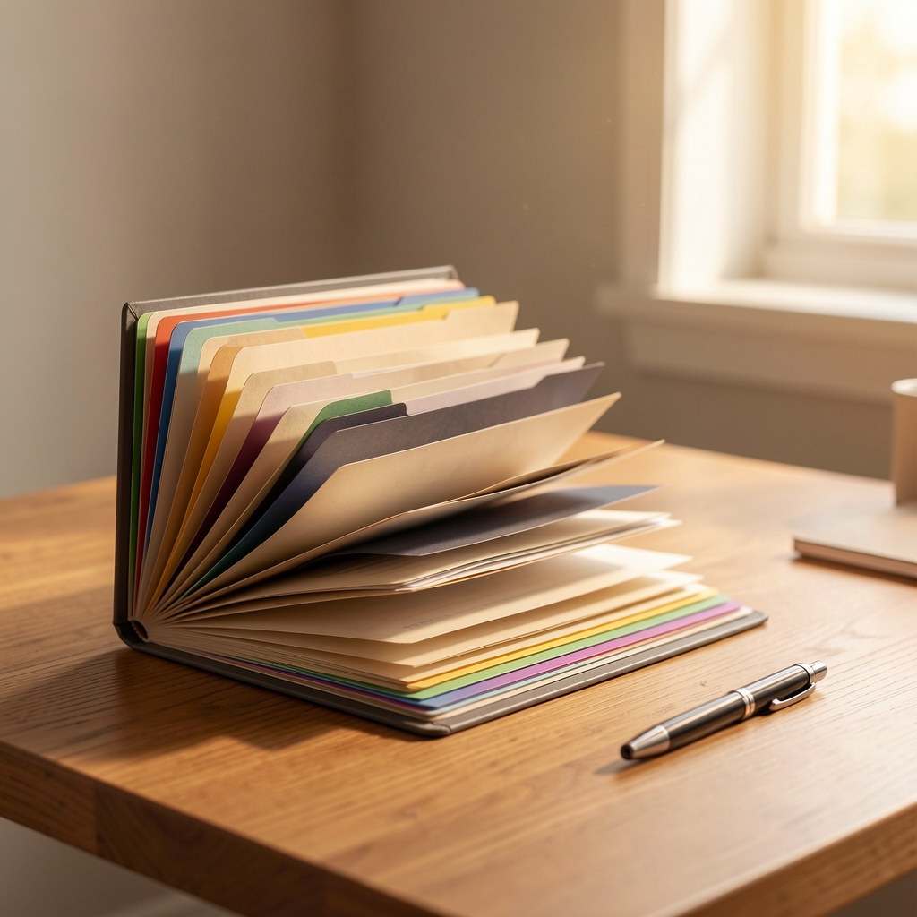An open accordion file folder with color-coded divider tabs and a pen on a warm wooden desk
