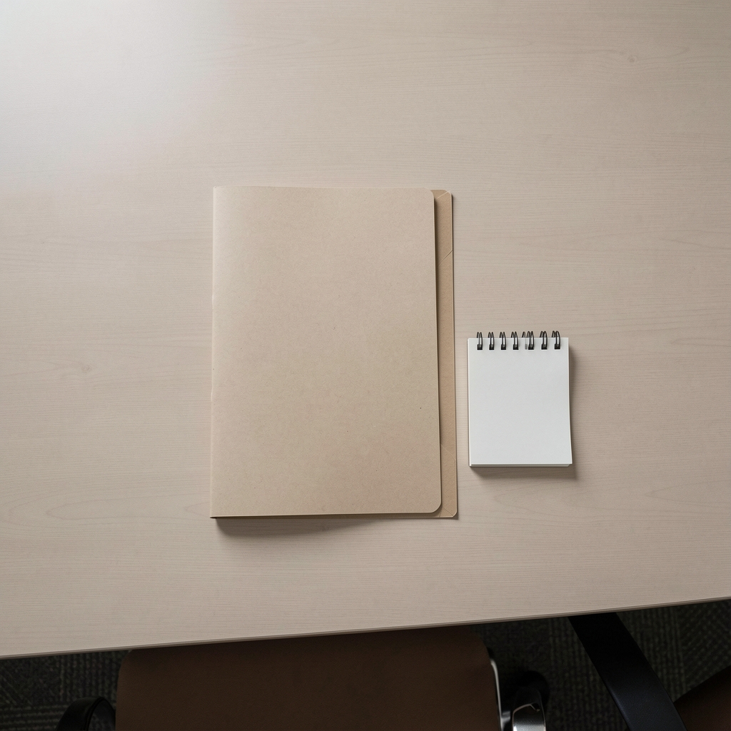 A manila folder and notepad arranged neatly on a conference table, top-down view