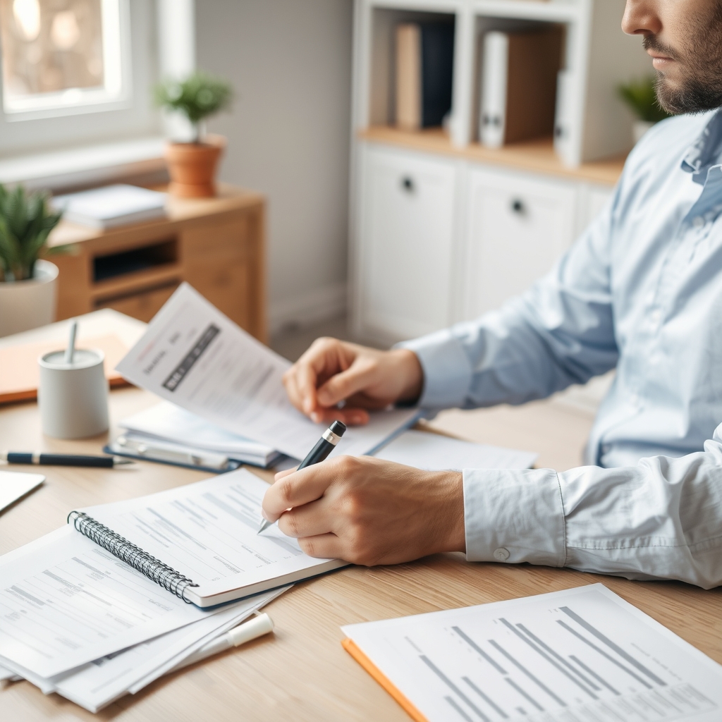 A person reviewing financial documents at a desk before an important meeting