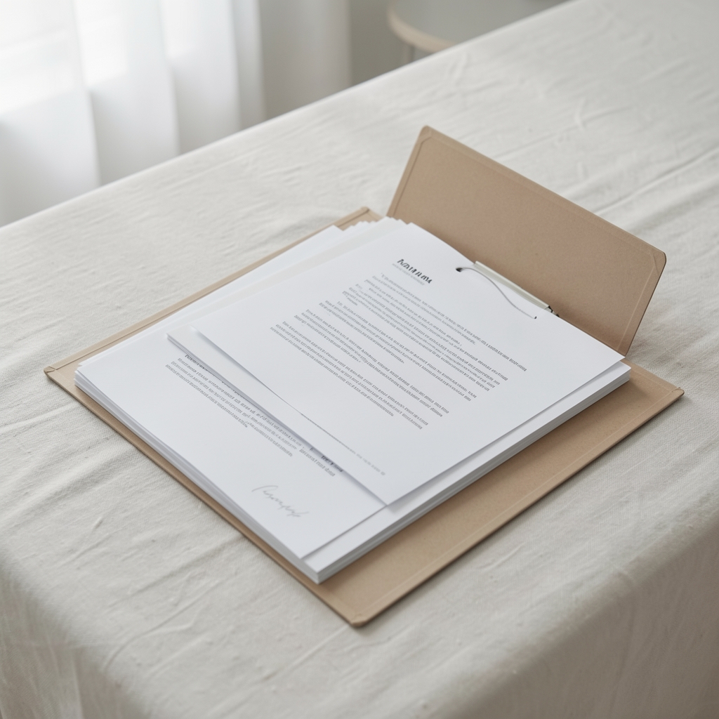 Open manila folder with organized papers resting on a clean pale surface